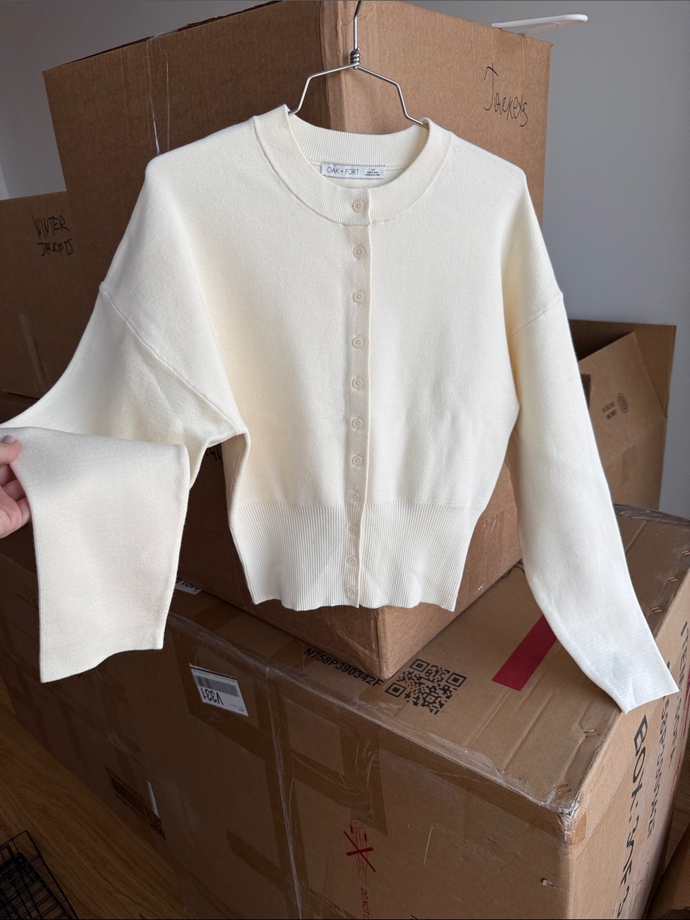 OAK + FORT Ivory Button-Front Knit Cardigan